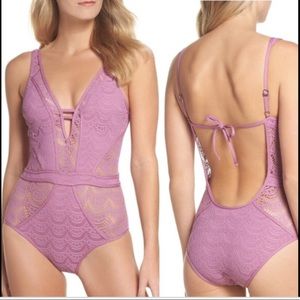 NEW BECCA colorplay sheer crochet plunge one piece
